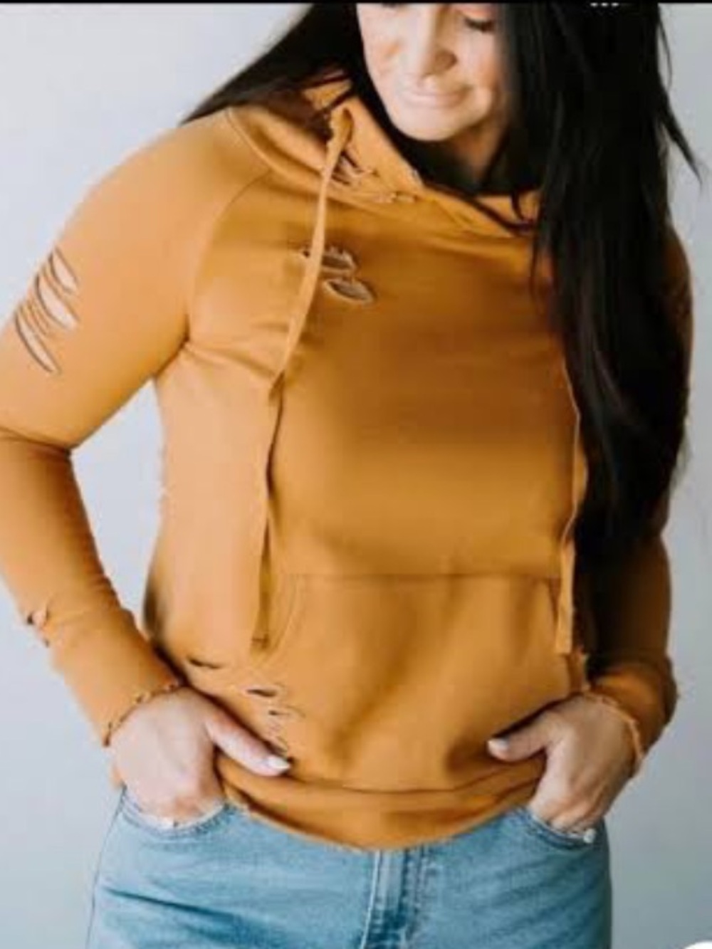 Chelsea & Violet Distressed Hoodie Sweater - camel